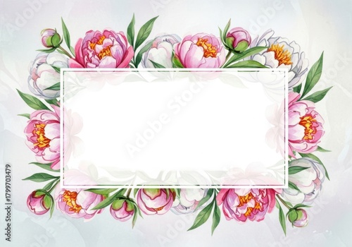 Wallpaper Mural Watercolor peony floral border with blank rectangle for text Torontodigital.ca
