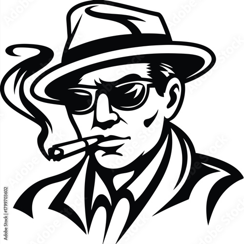Stern man in a fedora smokes a cigar with smoke curl in black and white
