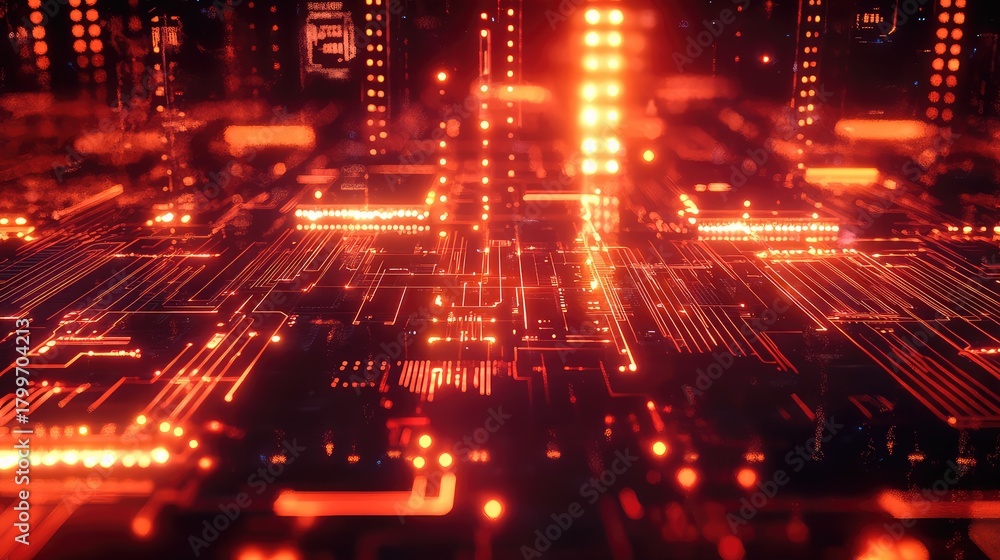 Fototapeta premium Circuit board glowing red light data stream