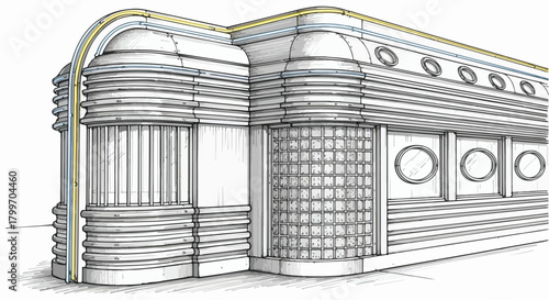 Architectural rendering of an Art Deco-inspired corner building with curved facade, linear detailing, and bold streamlined exterior composition.