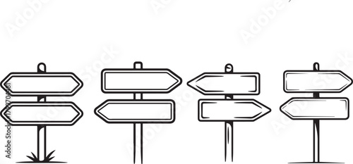 A collection of four blank road signs pointing in opposite directions on poles
