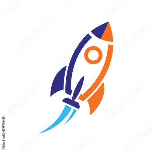 Blue and orange rocket ship with blue exhaust trails ascending spaceship launch