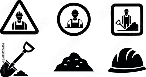 Construction Worker Helmet Shovel Soil Safety Icons Vector Illustration for Industry and Safety Awareness