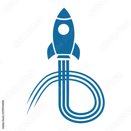 Blue rocket ship with white circle and blue exhaust trails on white background spaceship space