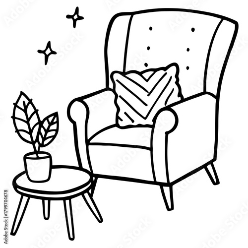 Elegant armchair with a cushion and a plant on a table