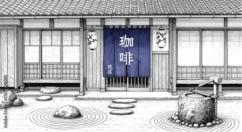 Architectural sketch of a traditional Japanese-style coffee shop featuring wooden slat walls, fabric noren curtain, stone garden elements, and culturally inspired exterior ambiance.