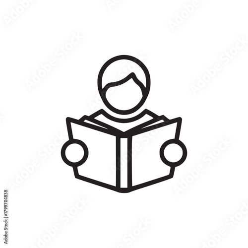 Person reading a book icon in black and white simple line drawing on a white background centered