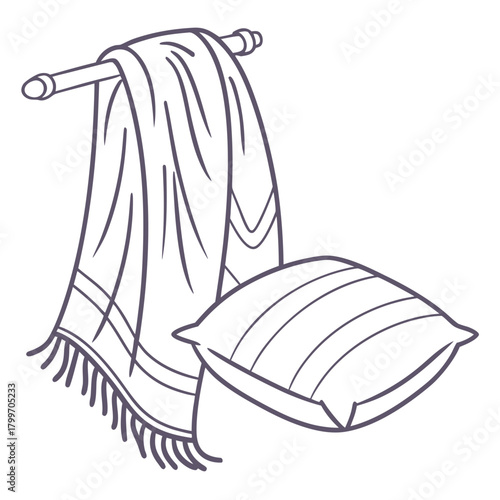 Line art of a towel on a rack with a pillow