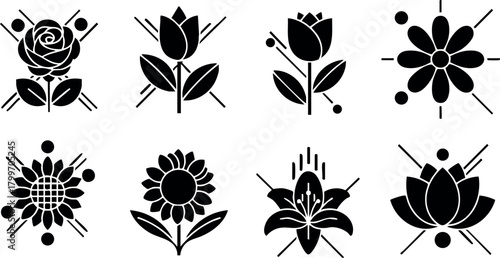 Black silhouette flower icons set of rose tulip daisy sunflower lily and lotus vector design elements