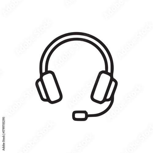 A simple black and white line drawing of a headset with a microphone on a white background