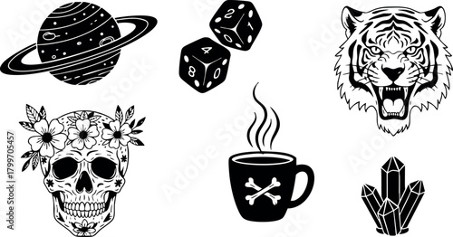 Collection of black and white vector icons including skull with flowers, roaring tiger, steaming coffee cup, planet with rings, dice, and crystals