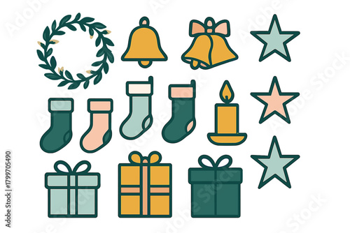 Collection of festive Christmas holiday icons including wreath, bells, stockings, candle, stars, and wrapped gifts