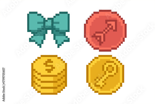 Pixel art game icons set featuring a decorative ribbon, gold coin stack, key, and arrow tokens