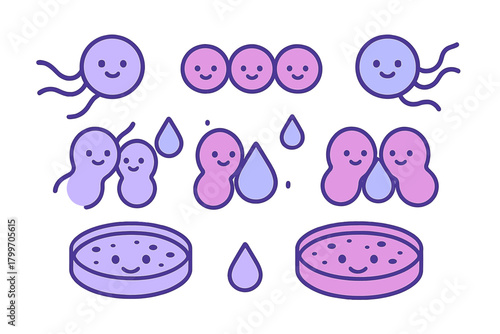 Set of smiling microscopic organisms cells bacteria and amoeba in laboratory Petri dishes