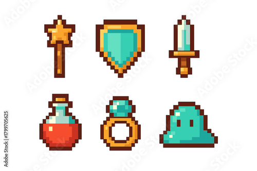 Classic fantasy role playing game assets featuring pixel style sword shield potion and monster