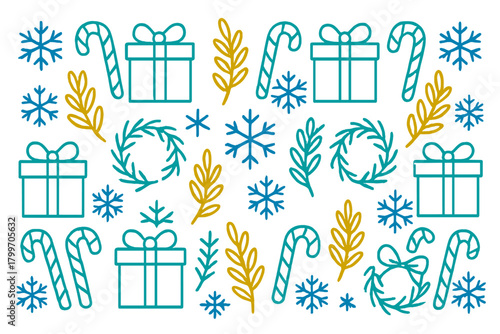 Seamless festive holiday design with outline gift boxes, candy canes, snowflakes, and winter foliage