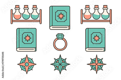 Magical objects collection featuring spell books, potion flasks, diamond ring, and compass stars