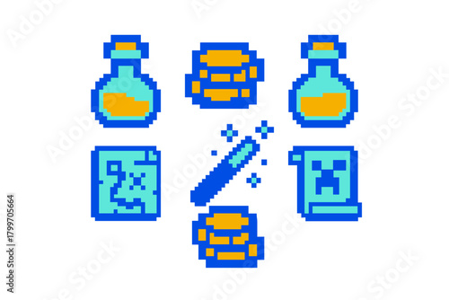 Set of retro pixel art icons: magic potions, gold coins, ancient scrolls, and wizard wand