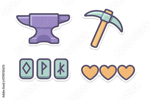 Fantasy game icons set featuring anvil, pickaxe, health hearts, and runic symbols