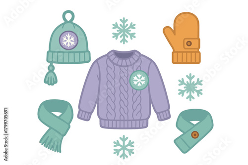 Cozy winter clothing collection featuring a cable knit sweater, beanie hat, scarf, and mitten with snowflakes