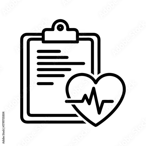 Digital healthcare management icon representing patient data, medical charts, and vital heart rate analysis for wellness and diagnostics
