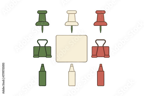 Office supplies collection with pushpins binder clips and markers surrounding a blank note area