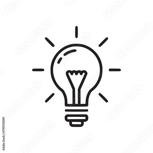 A minimalist line drawing of a lightbulb with radiating lines on a white background in the center