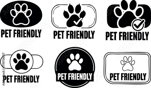 Pet friendly icons set with paw prints in black and white vector design for animal lovers and pet care labels