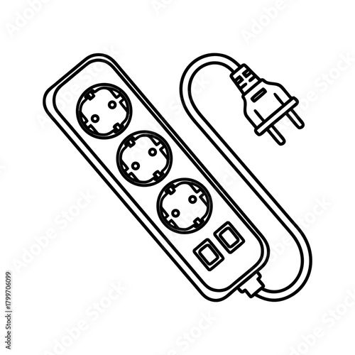 Vector line art illustration of a multi-socket power strip with an electrical plug, an essential household and office power distribution device in a modern minimalist style
