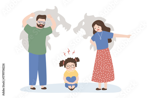 Father and mother yelling at daughter. Angry parents and little scared kid. Unhappy girl crying. Aggression, abuse,  toxic relationship in family. Cartoon style