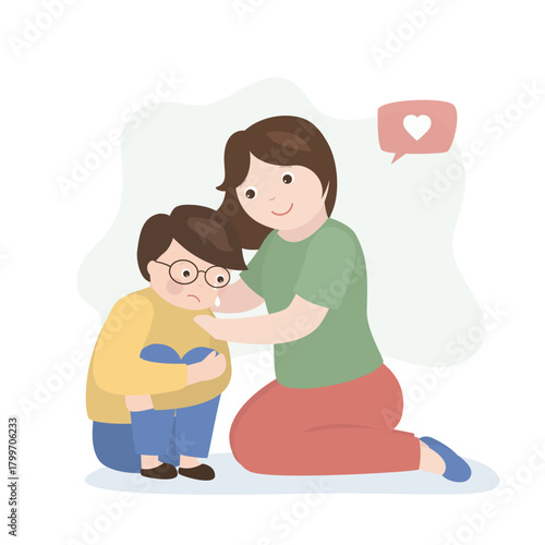Mother offering solace to tearful little kid. Empathy, mom comforting crying son. Family, parent and child isolated on white background. Warm hugs.