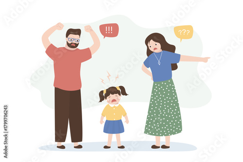 Father and mother yelling at daughter. Angry parents and little scared kid. Unhappy girl crying. Toxic relationship in family.