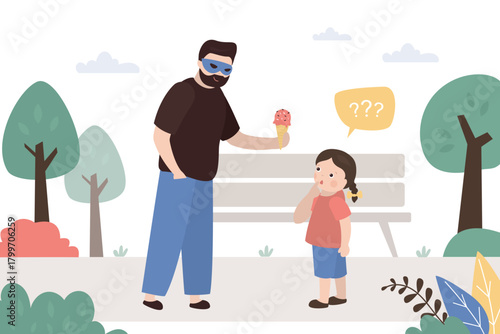 Danger and risk outside, little girl talking with stranger on playground. Kidnapper or pedophile, dangerous man in mask. Anonymous offers child ice cream,