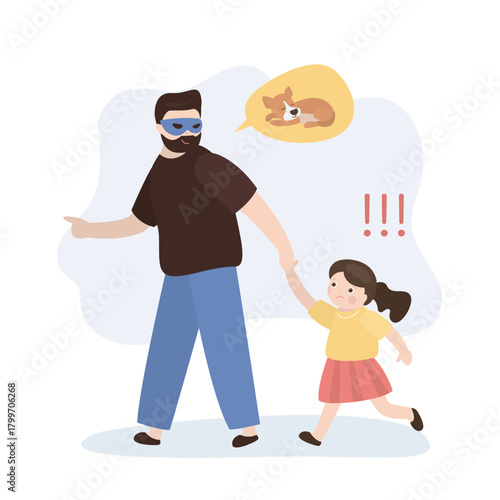 Danger, lie and risk outside, little girl going with stranger. Kidnapper or pedophile, dangerous man in mask. Anonymous invites child to play with doggy.