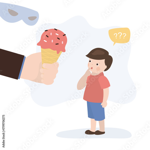 Danger and risk outside, little boy talking with stranger. Kidnapper or pedophile, dangerous man in mask. Anonymous offers child ice cream, temptation for cute kid