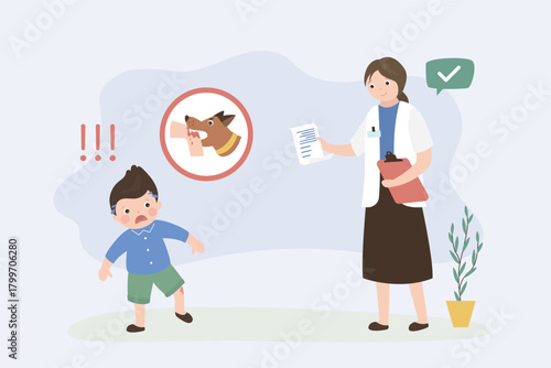 Aggressive dog attacks and bites a small boy. Female doctor gives pills to a child bitten by a dog. Medical care, immunization, and the fight against dangerous infection