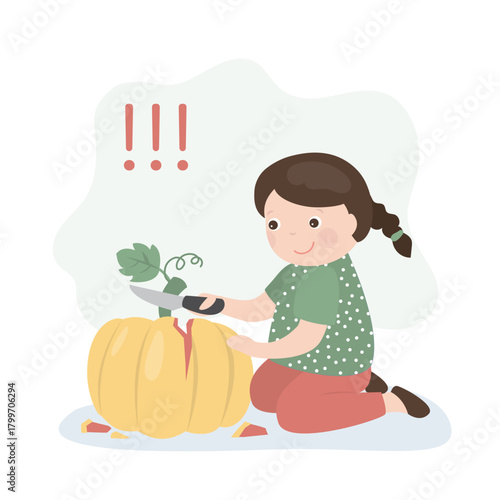 Dangers for kids - little girl holds a sharp knife in her hand, with which she can injure himself. Child tries to cut pumpkin with knife, careless handling of sharp objects.