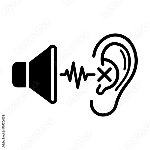 Vector illustration of sound off or hearing impairment; speaker transmitting waves to a marked-out ear