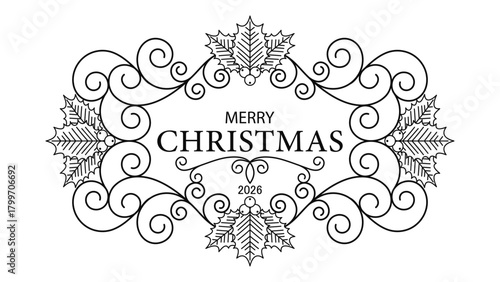 Merry Christmas elegant decorative frame with holly leaves and swirls. Vector design