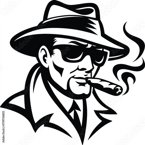 Monochrome man with dark glasses and hat is smoking a cigar elegantly
