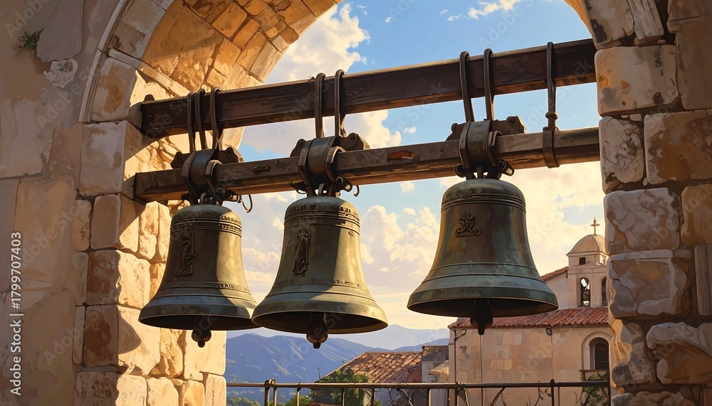 Obraz premium Three bronze bells hang from a wooden beam within a stone archway, with buildings and a bright sky in the background