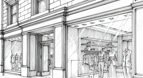 Interior retail sketch with ceiling grid, clothing racks, framed windows, and modern boutique walk-through layout for an organized commercial flow.