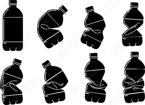 Plastic Bottle Compression Process Showing Various Stages of Squeezing and Crumpling in Black Silhouette Vector Style