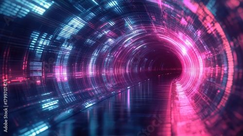 Fototapeta Naklejka Na Ścianę i Meble -  Abstract glowing tunnel transmitting data with neon light