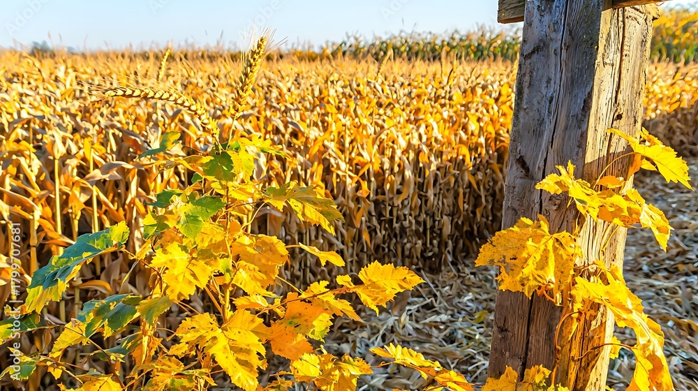 Obraz premium Warm harvest concept with wheat and corn on creamy golden surface softly glowing