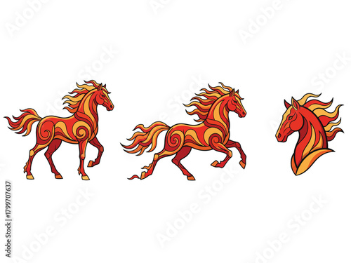 A set of three stylized fire horses in red and orange, featuring swirling patterns, in standing, running, and portrait poses.