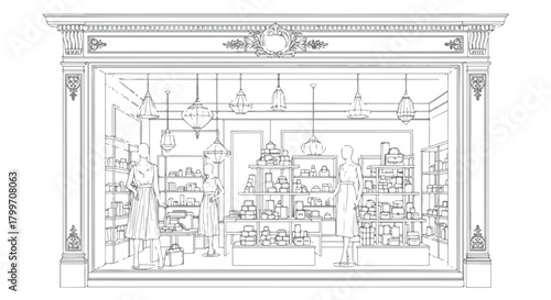 Architectural storefront sketch with classical column framing, decorative crown molding, wide glass windows, and refined heritage commercial façade.