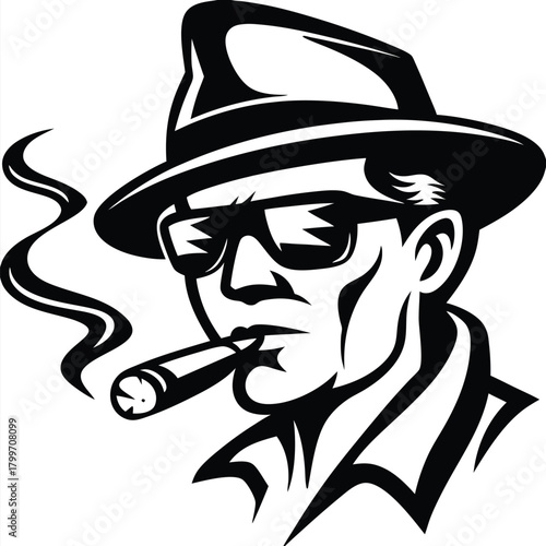 Monochrome drawing presents a stern man wearing sunglasses and hat while smoking a cigar