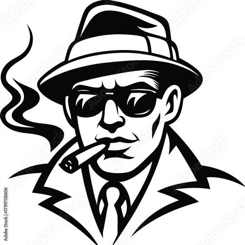 Silhouette of a man in a hat and sunglasses smoking a cigar stands boldly