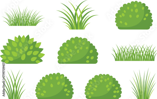 Set of Green Grass, Bushes, and Shrubs Vector Illustration in a Flat Style, Representing Garden, Park, Nature, and Landscape Design Elements